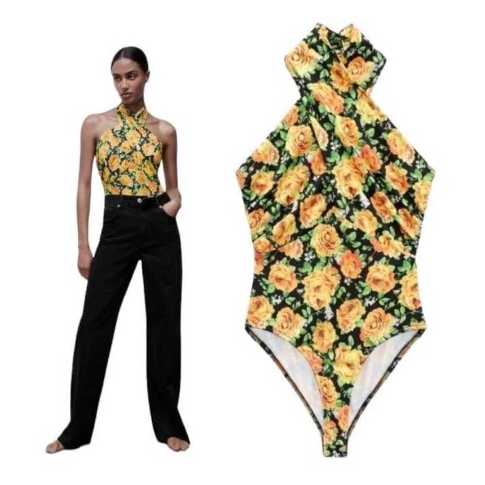 NWT Zara yellow/orange floral bodysuit.